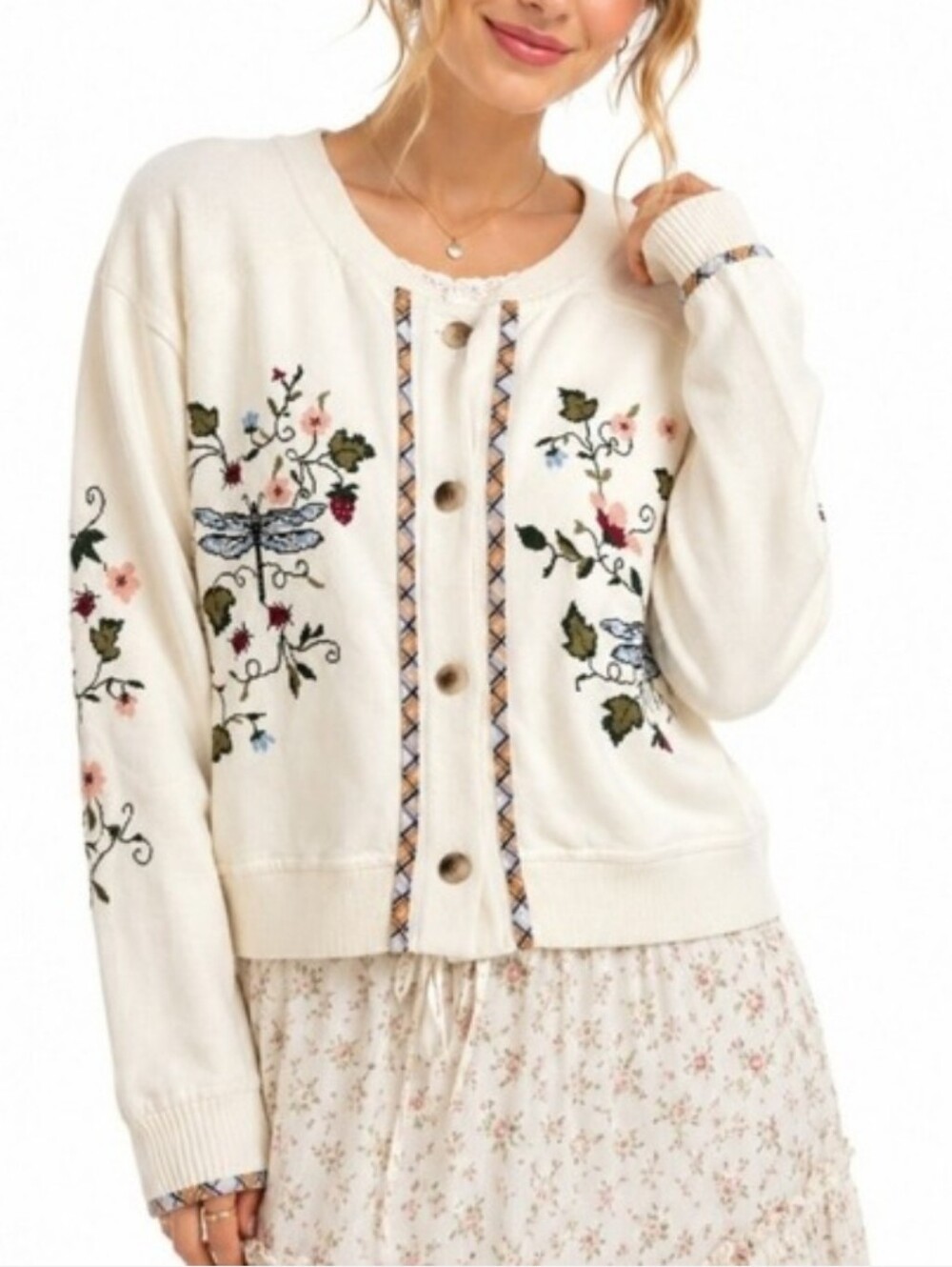 Loveimgs Dragonfly Cross Stitch Embroidered Cardigan XSmall FITS UP TO medium